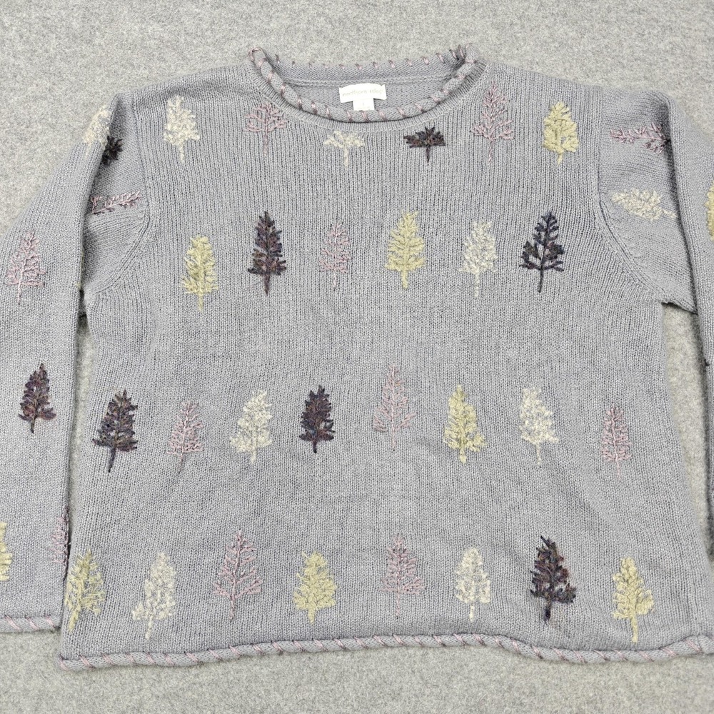 Northern Isles Sweater Womens Large Gray Ramie Cotton Tree Embroidered Knit - Picture 2 of 10